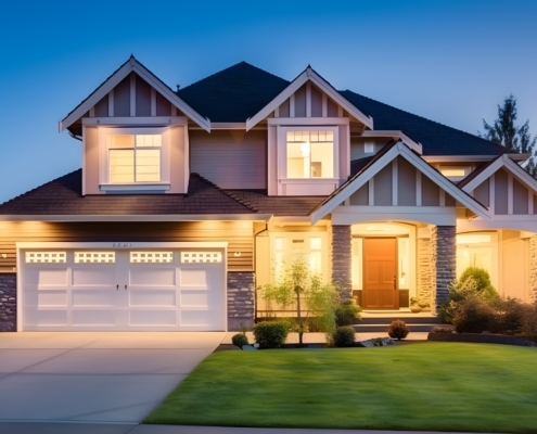house with a white garage door with black accents - Rain Master seamless gutter installation near Brooklyn Center