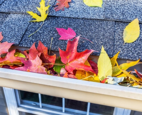 house roof with fall leaves in the gutters - Rain Master fall gutter prep