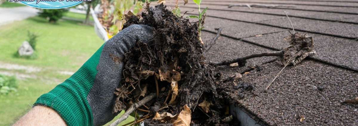 person wearing green glove cleaning gutters - Rain Master gutter cleaning