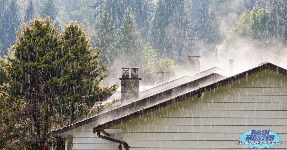 exterior of home roof during a rain storm - Rain Master Professional gutter repair MN