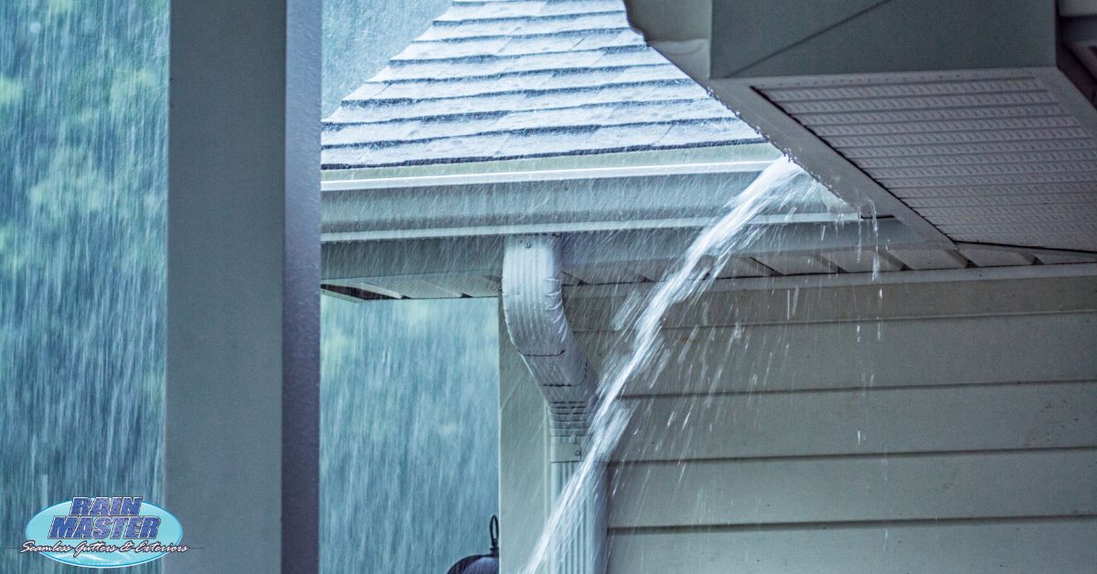 exterior of home roof during a rain storm - Rain Master seamless gutters