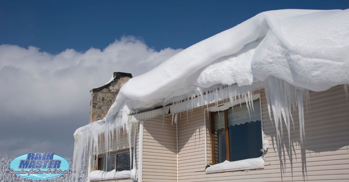 edge of a roof with icicles and snow hanging off - Rain Master Seamless Gutters ice dams